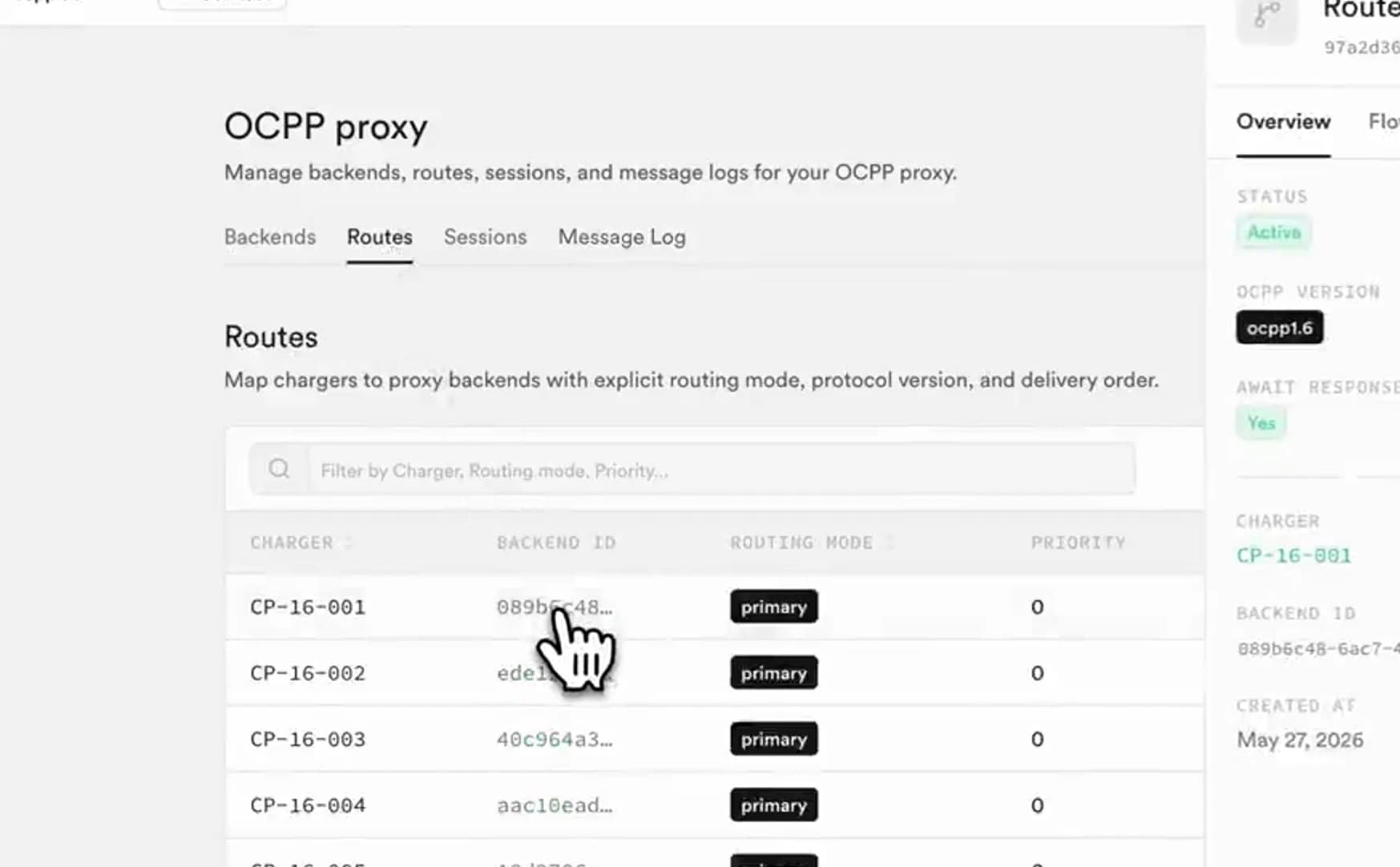 ev-cloud OCPP proxy routes table with primary backends